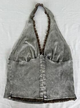 Y2K Indie Grunge Coquette SHEIN Washed Gray Ribbed Lace Trim Halter Crop Top S